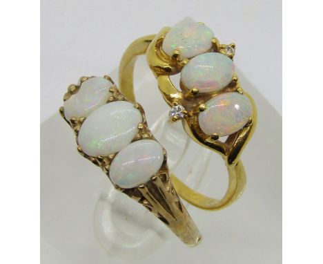 Stylised yellow metal opal and diamond ring, size P, and a further 9ct three stone opal ring, size S/T (one opal chipped), 6.