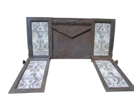 A 19th century cast iron fire surround with sepia coloured tile inserts, 72cm high x 78cm wide