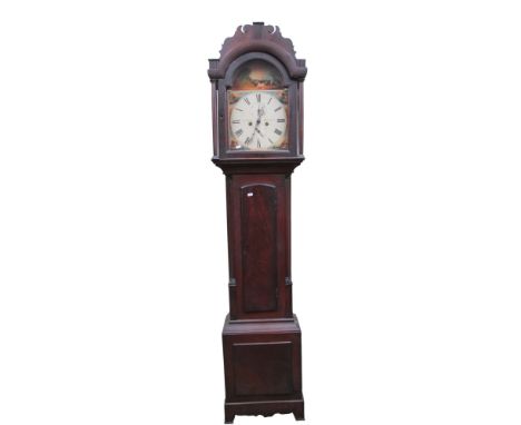 A late Georgian mahogany longcase clock the broken arch painted dial showing landscape and shooting scene, with eight day str