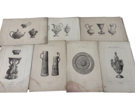 A collection of 19th century lithographs of antiquities, some depicting items from Cabinen de Rothschild bearing signature an