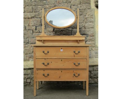 A small stripped pale pine three drawer dressing chest, 130 cm high, 90 x 36 cm, together with a stripped Windsor elm and bee