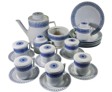 A blue and white six person coffee set "Echt Cobalt" (true blue) made in Germany comprising coffee pot, tea plates, cups and 