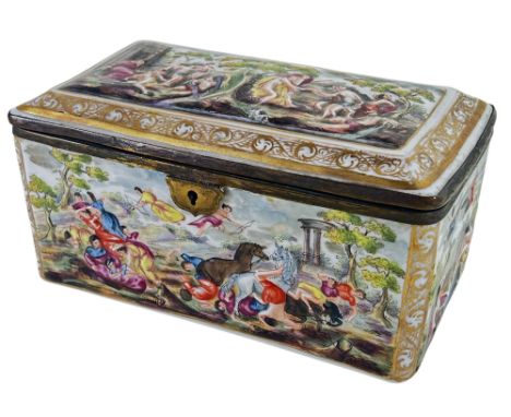 A Capodimonte porcelain casket with figural panels and metal banded borders 