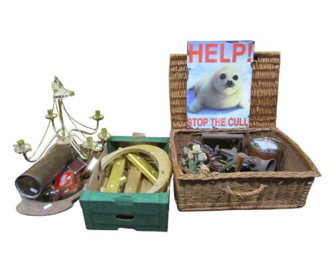 A large miscellaneous collection to include decorative gilt letters, cast iron door stops, tavern table legs, brass fire dogs
