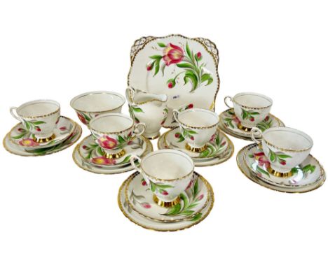 A Royal Tuscan floral tea service for six with hand-painted tulip detail, signed H Law