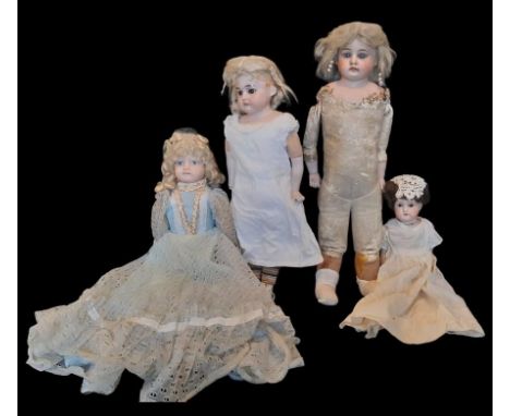 Four shoulder head bisque dolls comprising a small German doll 'Mabel' marked 13/0 with cloth body and ceramic lower limbs he