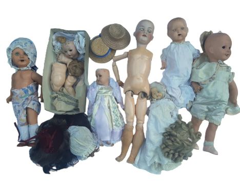 A mixed collection of vintage dolls for restoration including German bisque head dolls, wigs, hats etc