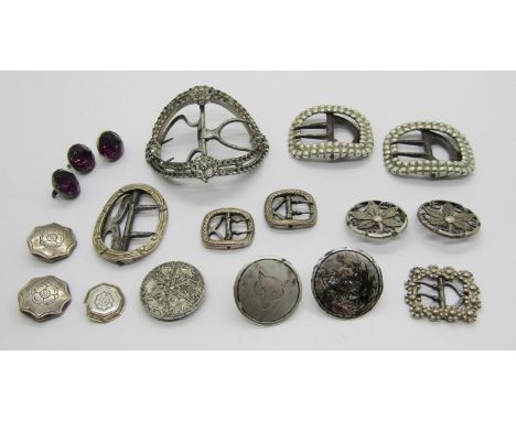 Collection of antique buckles and buttons, to include a Georgian black dot paste set buckle, a pair of hunting themed buttons