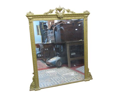 A 19th century gilt framed overmantle mirror with classical urn and trailing floral swag surmount, (af), 132 cm x 113 cm