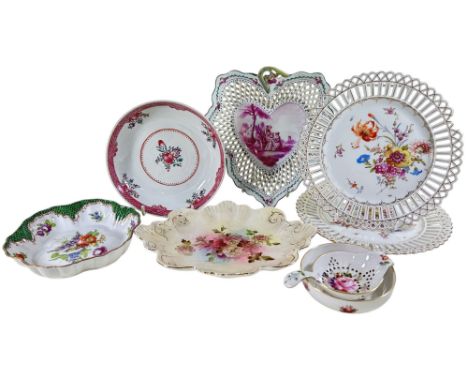 A collection of German and other ribbon plates including Meissen and Onion pattern, small Dresden dish with hand-painted flor