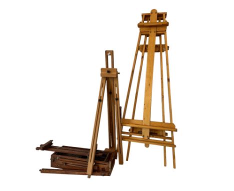 Three easels, to include a plein air fold-up easel with box compartment, double-sided A-frame easel, height: 140 cm, and one 