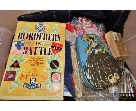 Dunlevy medals and Kings Own Scottish Borders effects - cap, badges, flag, paperwork and postcards, tartan trousers, photogra