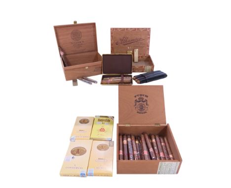 Three open wooden cigar boxes with a selection of various brands of cigars including Romeo y Julieta a leather cigar case, fo