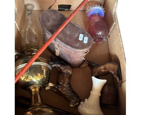One mixed lot oil lamp, Belleek vase, 2 Beswick houses, travel glass, cranberry vase, swagger stick