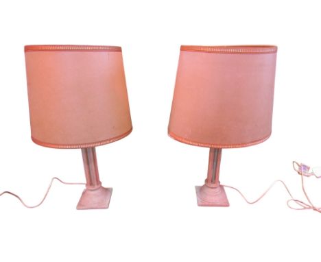 A pair of contemporary Olympus column table lamps with distressed painted finish 