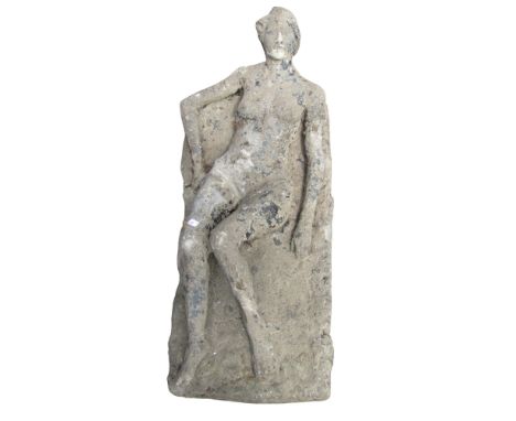 A weathered composition stone model of a reclining female nude, 27cm high, 64cm long
