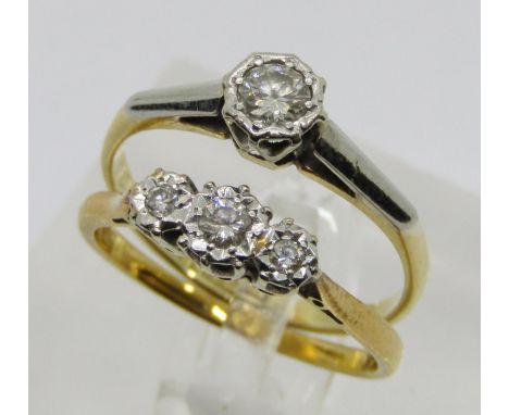 Two 18ct platinum illusion set diamond rings; a solitaire ring, 0.20ct approx, size O/P and a three stone melee diamond ring,