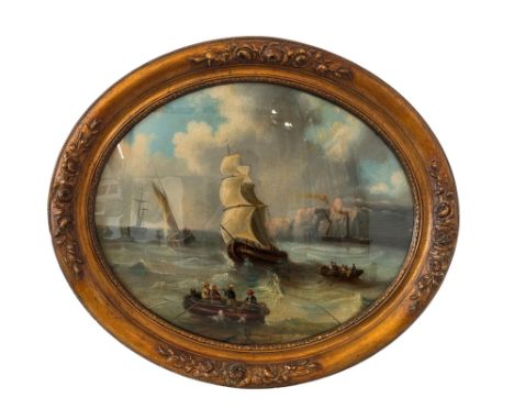 A 19th Century painting of a maritime scene, oil on canvas, mounted behind glass, unsigned, with break to glass, framed in an