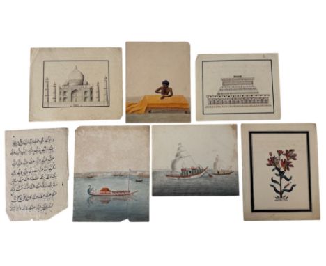 A group of nine 19th century watercolours of Indian buildings, characters, botanical studies and river scenes with boats, eac