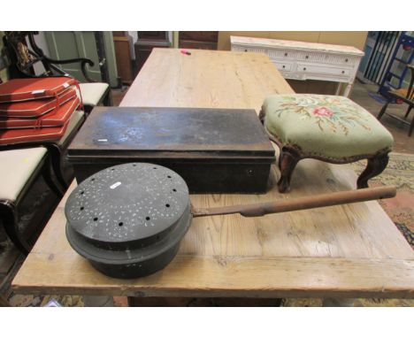 An 18th century copper warming pan, with engraved cover, a steel travelling box containing two candlesticks in silver plate, 