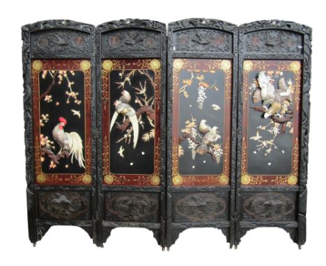A fine quality Japanese Shibayama Meji period four fold screen or room divider, the individual panels depicting birds amongst