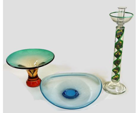 A later 20th century Art Glass green fading to amber bowl 27cm diam x 18cm high, together with a shallow blue Art Glass bowl,