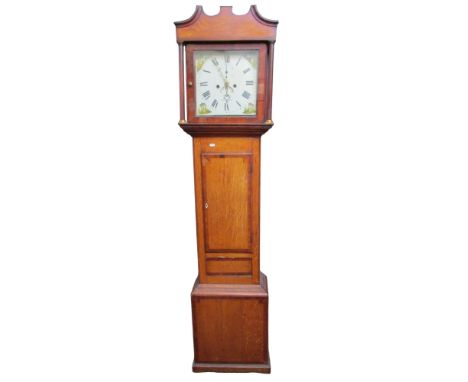 A late Georgian oak longcase clock the square painted dial with subsidiary calendar and secondary dials and eight day strikin