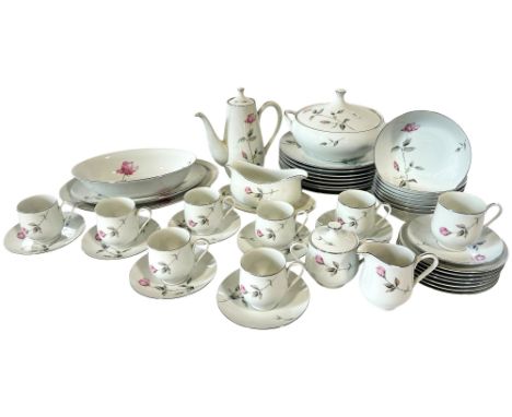A Japanese Dawn Rose dinner service in white ground, silver rim and rosebud decoration serving eight (bar one tea plate) toge