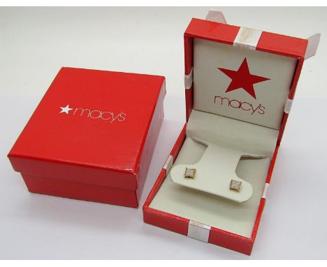 Pair of 10k square cluster diamond stud earrings, heads 6 x 6mm approx, 1g (no butterflies), with Macy's case and box