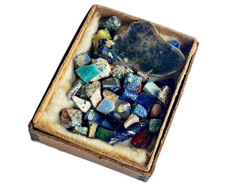 Uncut stones of various types, coral bead necklace, Liberty silver enamel teaspoon, etc