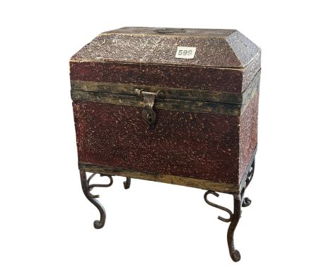 An antiqued casket with brass banding on scrolled metal supports and modern silver and black six drawer chest, 28cm x 30cm