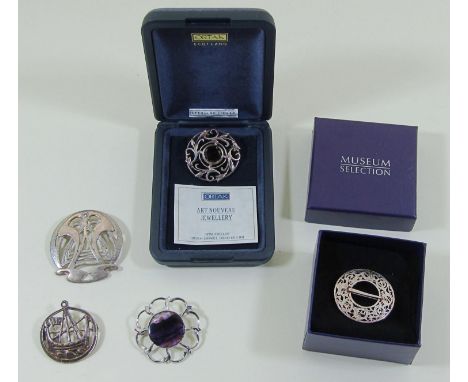 Five stylised silver brooches to include an Ortak example, a 1970s Blue John example by Ward Brothers, an Art Nouveau style e
