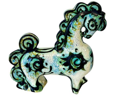 A Celtic pottery model of a standing horse, labelled 'Celtic Pottery Newlyn Cornwall', 25cm H approx