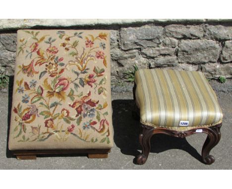 A small 19th century mahogany upholstered footstool, 26cm high, 35 x 32cm, together with a gout stool with hand work tapestry