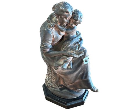 A Victorian plaster study of Madonna and child, raised on a wooden plinth, 44cm high.