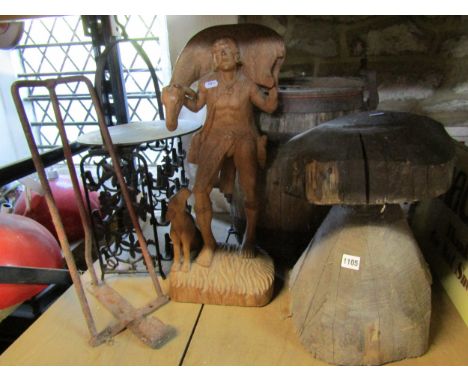 A mixed decorative collection to include carved shepherd figure, coopered barrel, umbrella stand etc
