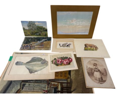 An assortment of paintings and prints, to include: two pastoral oil on board studies; watercolour study of a turbot; sunset s