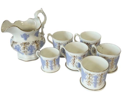 A matching group of six 19th century mugs together with a matching jug with lilac embossed detail and gilt coral bands 
