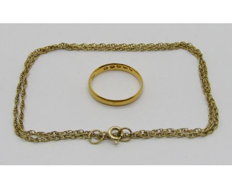 22ct wedding ring, size L, 2.4g, together with a 9ct rope twist chain necklace, 2.1g