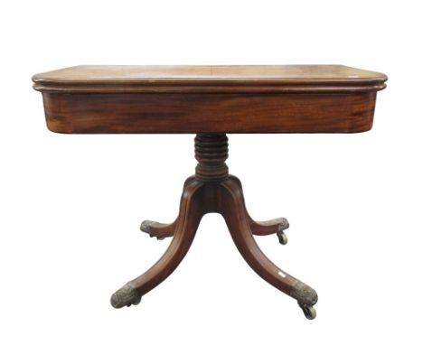 A late Regency fold over top tea table on turned pillar and quadruped, 74cm high x 98cm x 50cm deep when closed