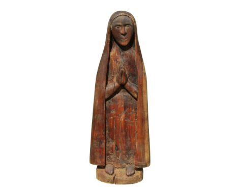 A stylised continental carved and weathered hardwood figure, standing Madonna, 67cm high
