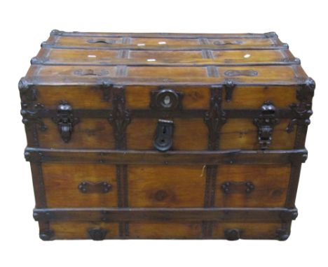 A vintage wooden timber lathe steel and leather banded cabin trunk 60 cm high x 90 cm x 56 cm 