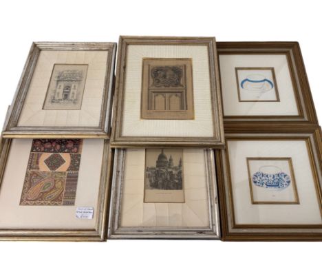 A group of six decorative prints of Indian textiles, architectural designs and teacups, in modern frames, largest frame: 44 x