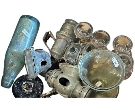 A box of miscellaneous items including a broken stationary box, a Chinese soapstone  inkwell, a miner’s lamp, two lidded jugs