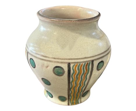 Poole pottery oviform vase, decorated with vertical wavy lines and green spots, maker's mark CF