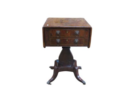 A Regency mahogany and crossbanded drop leaf worktable fitted with two frieze drawers raised on a lyre shaped pillar and swep