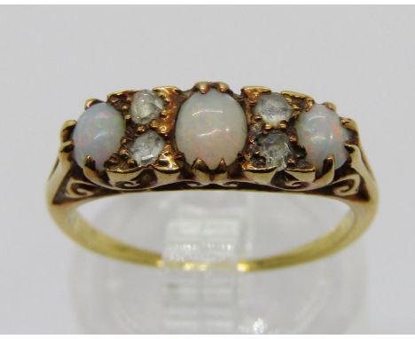 Antique yellow metal opal and rose-cut diamond ring, size M/N, 4g