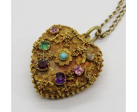 Regency ornate heart-shaped yellow metal acrostic locket, gem-set to spell 'Regard' (ruby, emerald, garnet, amethyst, ruby, d
