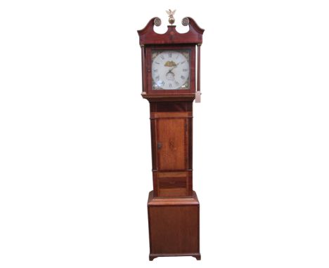 A Georgian oak and walnut longcase clock, the hood enclosing a square painted dial with floral spandrels and thirty hour stri