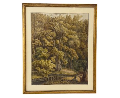 School of John White Abbott (British, 1763-1851) - Man and his dog resting within an idyllic woodland scene, unsigned, bearin